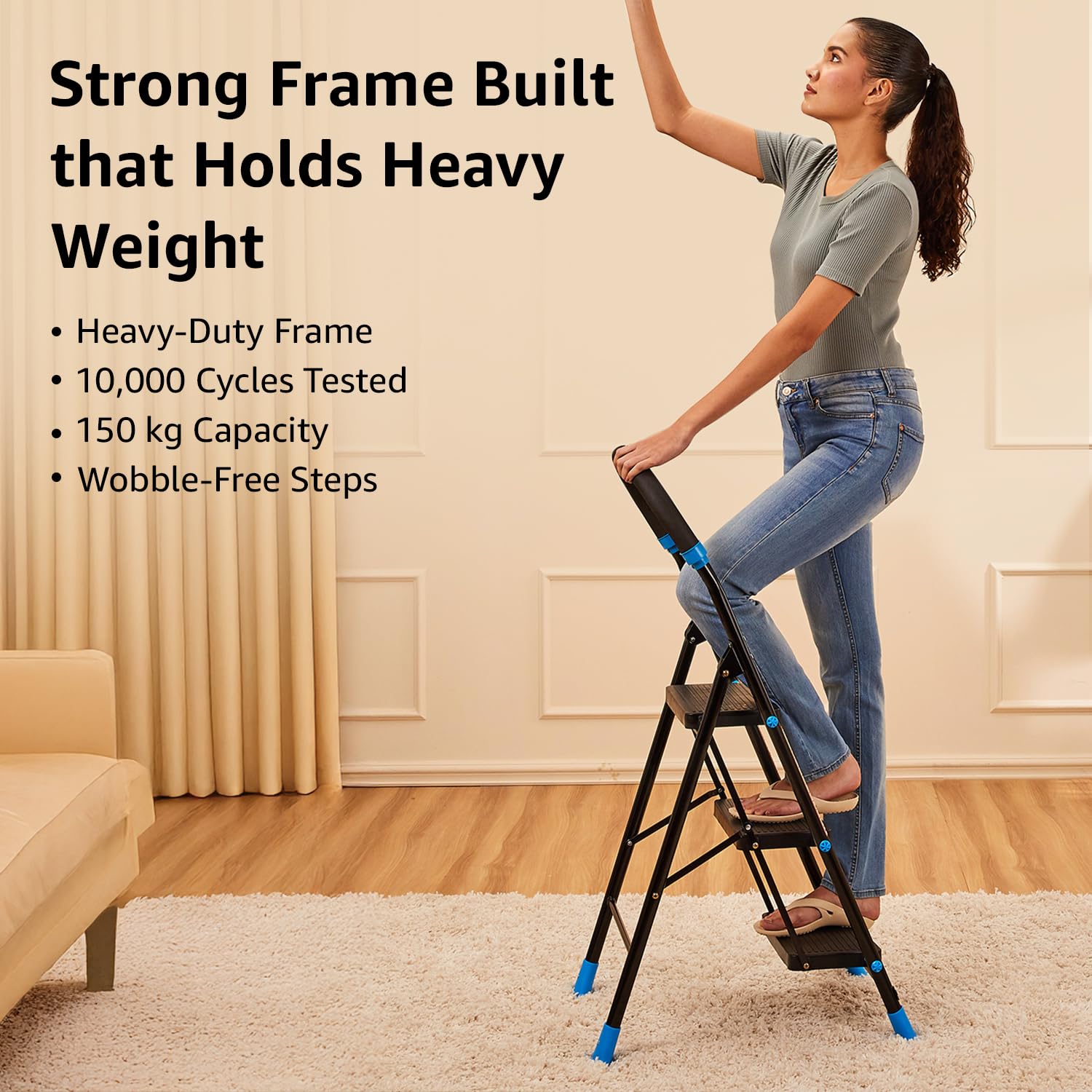 Planetarrium Basics Dynamo - Foldable Step Ladder, Anti Skid PVC Shoes, 3 Steps (Steel, Black & Lime Green)