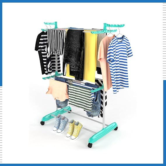 Planetarrium Hub Poly Single Pole Jumbo Steel Cloth Drying Stand, Indoor Cloth Dryer Rack with Wheels - 2 Layer(Metal)