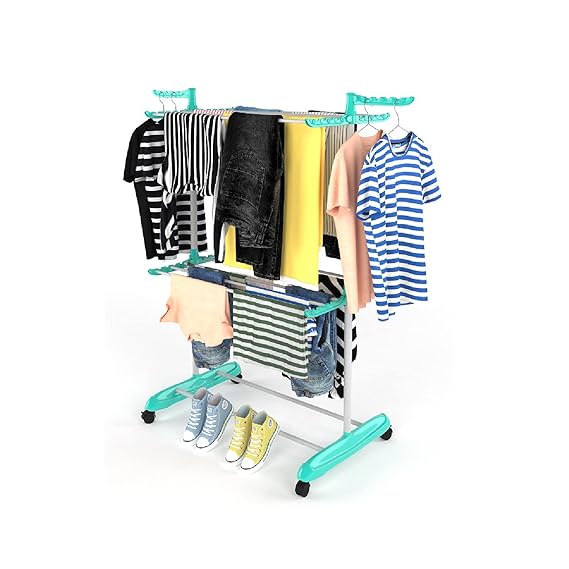 Planetarrium Hub Poly Single Pole Jumbo Steel Cloth Drying Stand, Indoor Cloth Dryer Rack with Wheels - 2 Layer(Metal)