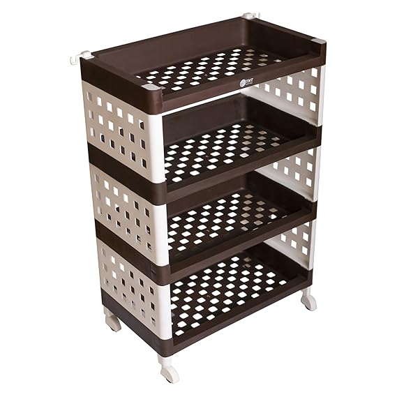 Planetarrium Hub Lexi Plastic 4 Tier Multi-Purpose Storage Organizer Kitchen Rack with Wheels | Fruits & Vegetable Stand/Basket for Kitchen (Brown)