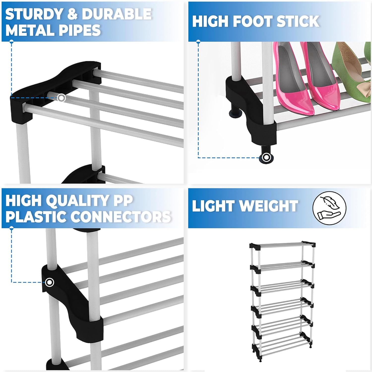 Planetarrium  Steel Cady Shoe Rack For Home|Easy To Assemble,Space Saving,Stackable(6 Shelf,A-Cady-Black)