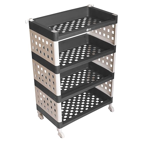 Planetarrium Hub Lexi Plastic 4 Tier Multi-Purpose Storage Organizer Kitchen Rack with Wheels | Fruits & Vegetable Stand/Basket for Kitchen (Grey)