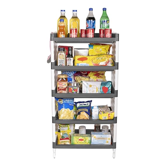 Planetarrium Hub Lexi Plastic 5 Tier Multi-Purpose Storage Organizer Kitchen Rack with Wheels | Fruits & Vegetable Stand/Basket for Kitchen (Grey)