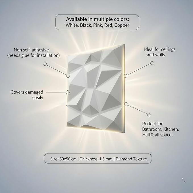 Planetarrium Decor 3D Wall Panel - USA Certified SGS Approved PVC Diamond Design, White Color 19.7" X 19.7" (Pack of 18) Covers 48.42 Sq Ft