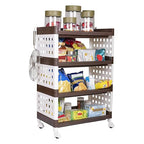 Planetarrium Hub Lexi Plastic 4 Tier Multi-Purpose Storage Organizer Kitchen Rack with Wheels | Fruits & Vegetable Stand/Basket for Kitchen (Brown)