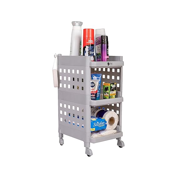 Planetarrium Hub Fizzy Plastic 3 Tier Multi-Purpose Storage Organizer Racks for Home, Kitchen, Bathroom with Wheels (Grey, 3 Layer)