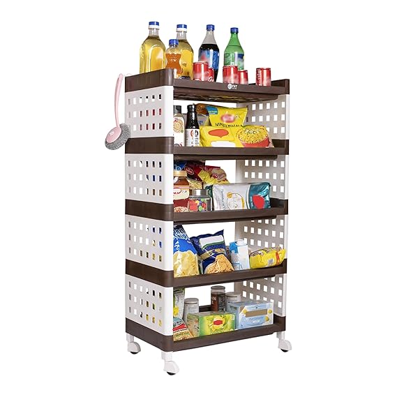 Planetarrium Hub Lexi Plastic 5 Tier Multi-Purpose Storage Organizer Kitchen Rack with Wheels | Fruits & Vegetable Stand/Basket for Kitchen (Brown)