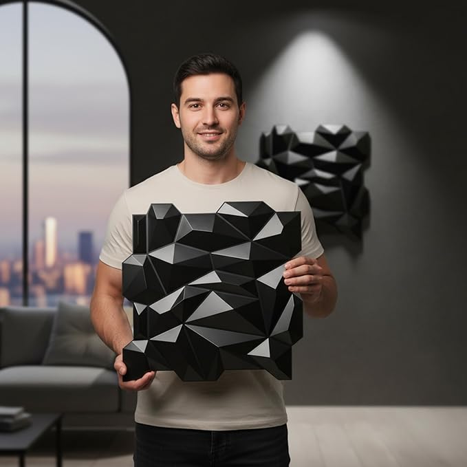 planetarium Decor 3D PVC Diamond Wall Panel Jagged Matching-Matt Black, for Residential and Commercial Interior Decor Pack of 18 (19.7" x 19.7" Covers 48.42 Sq. ft.)