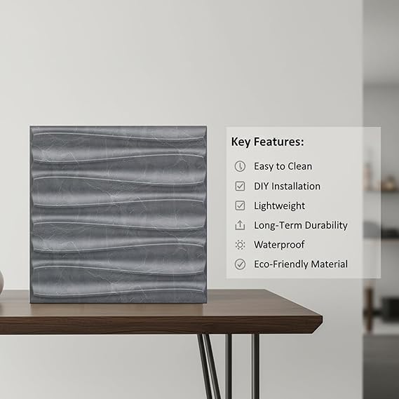 Planetarrium Decor 3D PVC Wall Panel - USA Certified SGS Approved Dune Design Gray Marble Color 19.7" x 19.7" (Pack of 12) - Covers 32.34 Sq. Ft.