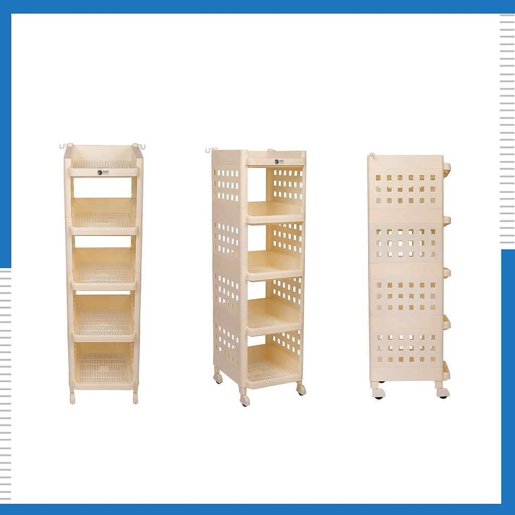 Planetarrium Hub Fizzy Plastic 5 Tier Multi-Purpose Storage Organizer Racks for Home, Kitchen, Bathroom with Wheels (Ivory, 5 Layer)