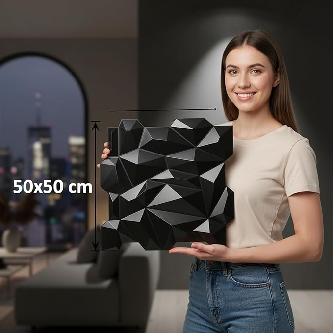 planetarium Decor 3D PVC Diamond Wall Panel Jagged Matching-Matt Black, for Residential and Commercial Interior Decor Pack of 18 (19.7" x 19.7" Covers 48.42 Sq. ft.)