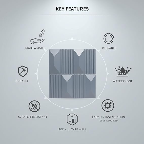 Planetarrium 3D PVC Wall Panels for Bedroom & Living Room | Artisian Design |Gray Color | 19.7 x 19.7 Inch | Pack of 12 | 32.28 Sq Ft