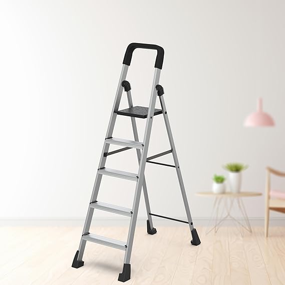 Planetarium Hub 5-Steps Ladder, Foldable with Slip-Resistant Wide Aluminum Steps, Heavy Duty with Anti-Skid Feet