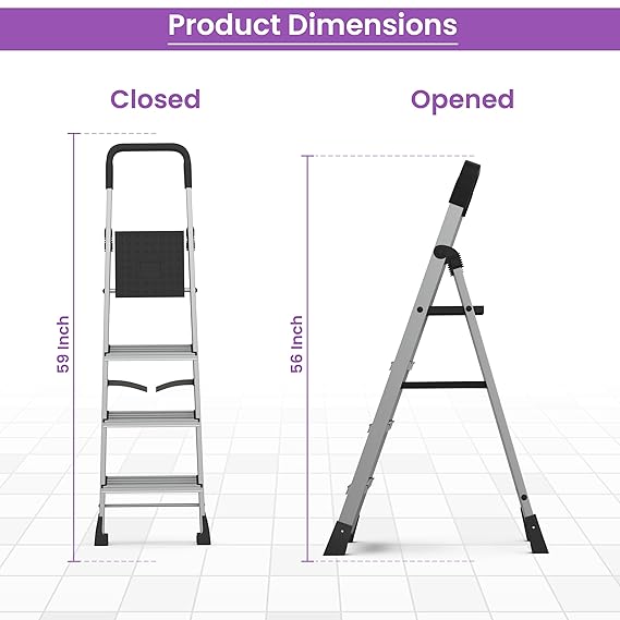 Planetarium Hub 4-Steps Ladder, Foldable with Slip-Resistant Wide Aluminum Steps, Heavy Duty with Anti-Skid Feet