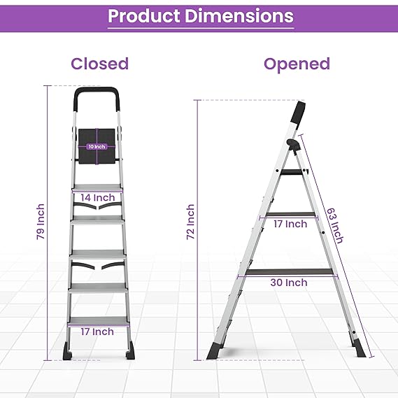 Planetarium Hub 6-Steps Ladder, Foldable with Slip-Resistant Wide Aluminum Steps, Heavy Duty with Anti-Skid Feet -leda