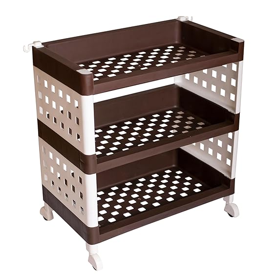 Planetarrium Hub Lexi Plastic 3 Tier Multi-Purpose Storage Organizer Kitchen Rack with Wheels | Fruits & Vegetable Stand/Basket for Kitchen (Brown)