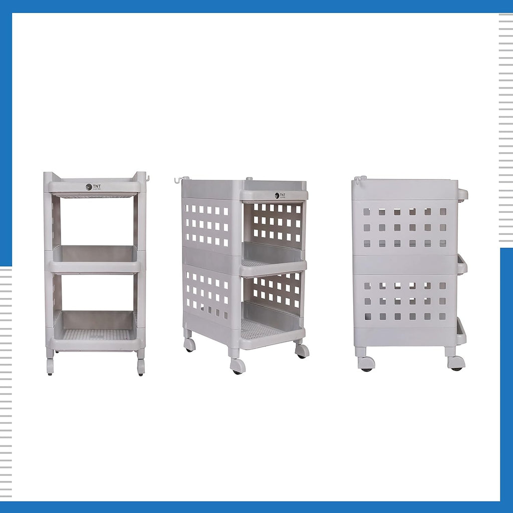 Planetarrium Hub Fizzy Plastic 3 Tier Multi-Purpose Storage Organizer Racks for Home, Kitchen, Bathroom with Wheels (Grey, 3 Layer)