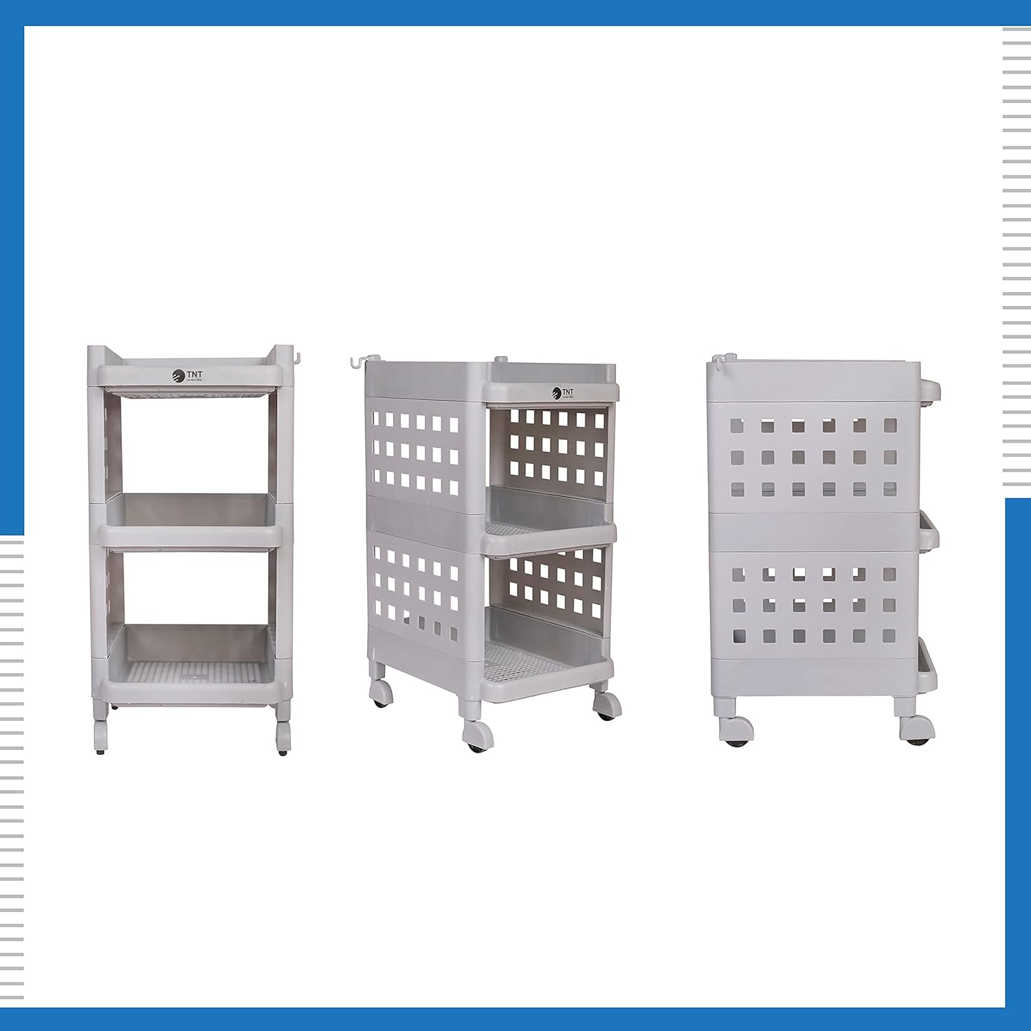 Planetarrium Hub Fizzy Plastic 3 Tier Multi-Purpose Storage Organizer Racks for Home, Kitchen, Bathroom with Wheels (Grey, 3 Layer)