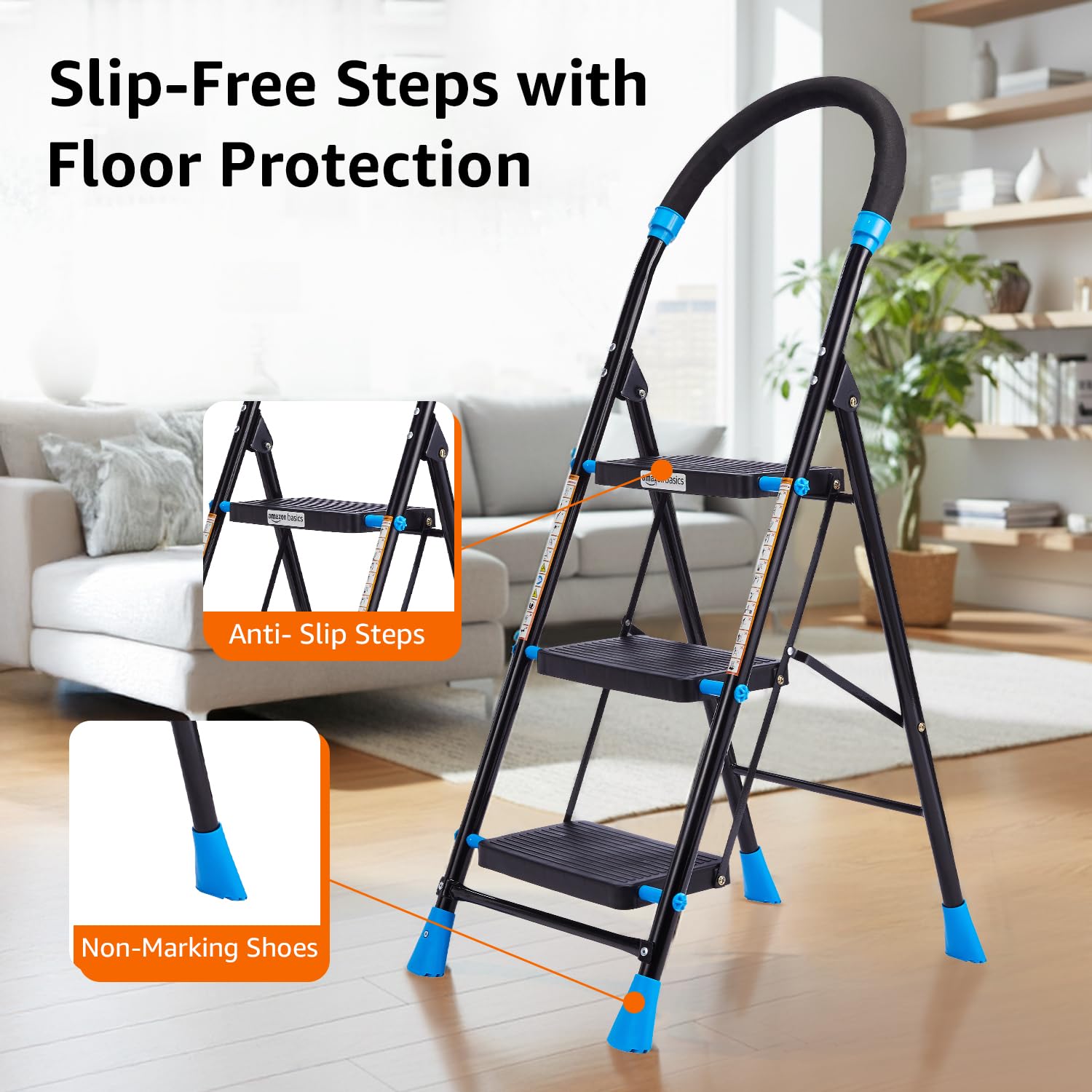 Planetarrium Basics Dynamo - Foldable Step Ladder, Anti Skid PVC Shoes, 3 Steps (Steel, Black & Lime Green)