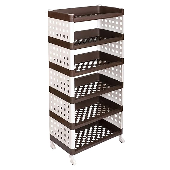 Planetarrium Hub Lexi Plastic 6 Tier Multi-Purpose Storage Organizer Kitchen Rack with Wheels | Fruits & Vegetable Stand/Basket for Kitchen (Brown)