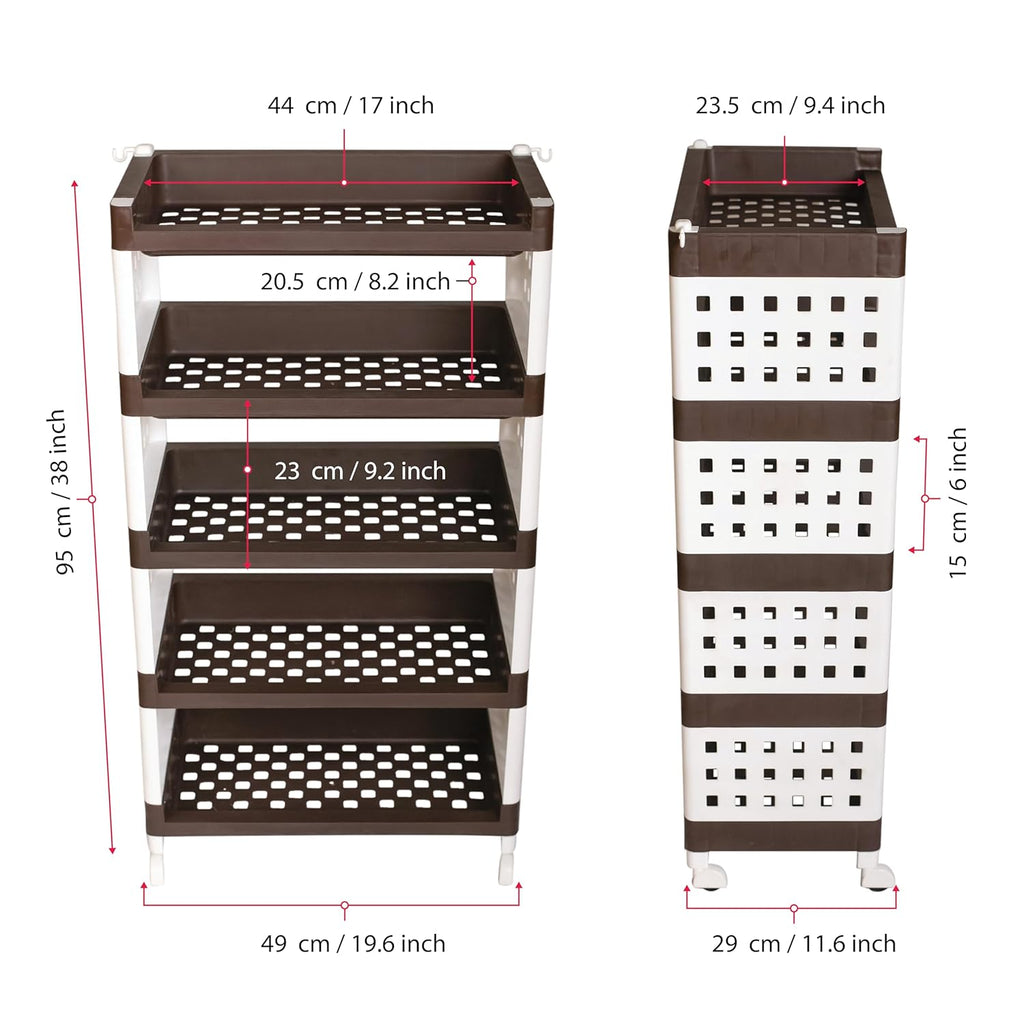 Planetarrium Hub Lexi Plastic 5 Tier Multi-Purpose Storage Organizer Kitchen Rack with Wheels | Fruits & Vegetable Stand/Basket for Kitchen (Brown)