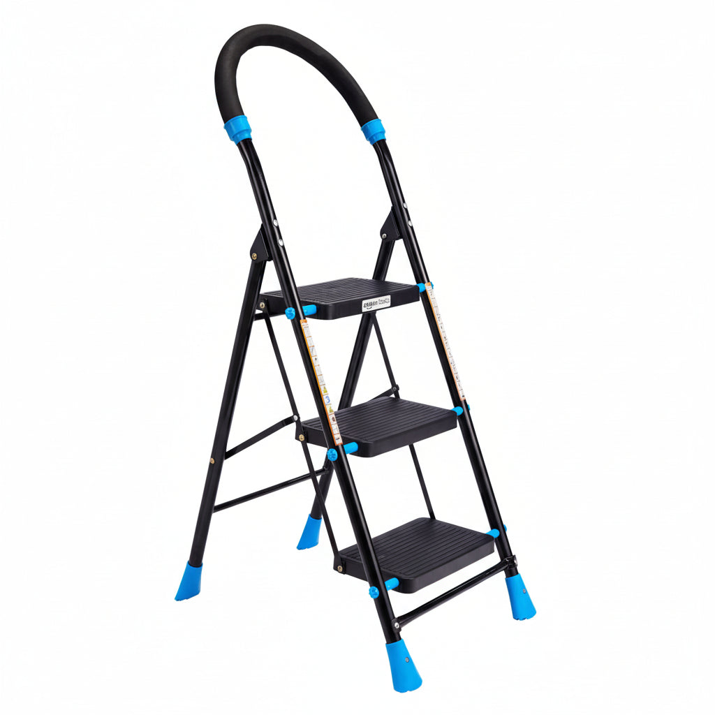 Planetarrium Basics Dynamo - Foldable Step Ladder, Anti Skid PVC Shoes, 3 Steps (Steel, Black & Lime Green)