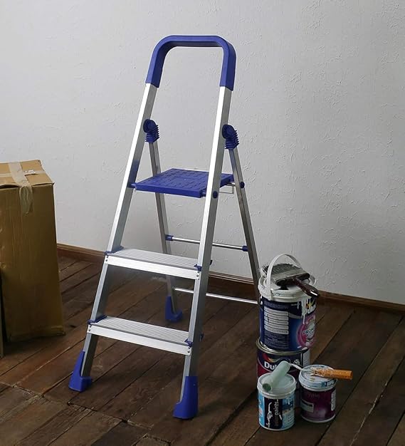 Planetarium Hub 3 Steps Steel Ladder - Wide Anti-Skid Step Ladder - Easy to Fold - Support Handle and Tool Tray for Home - Rust Free - Step Ladder for Home Use - Skid-Free Steps - Maple Ladder