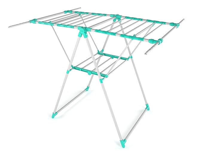 planetarium Lofty Mild Steel Pre-Assembled Foldable Cloth Drying Stand/Rack with 4 Extractable Rods (Sea Green)