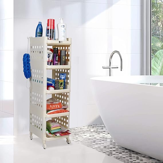 Planetarrium Hub Fizzy Plastic 5 Tier Multi-Purpose Storage Organizer Racks for Home, Kitchen, Bathroom with Wheels (Ivory, 5 Layer)