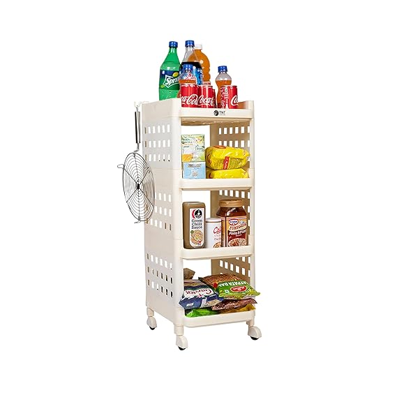 Planetarrium Hub Fizzy Plastic 4 Tier Multi-Purpose Storage Organizer Racks for Home, Kitchen, Bathroom with Wheels (Ivory, 4 Layer)