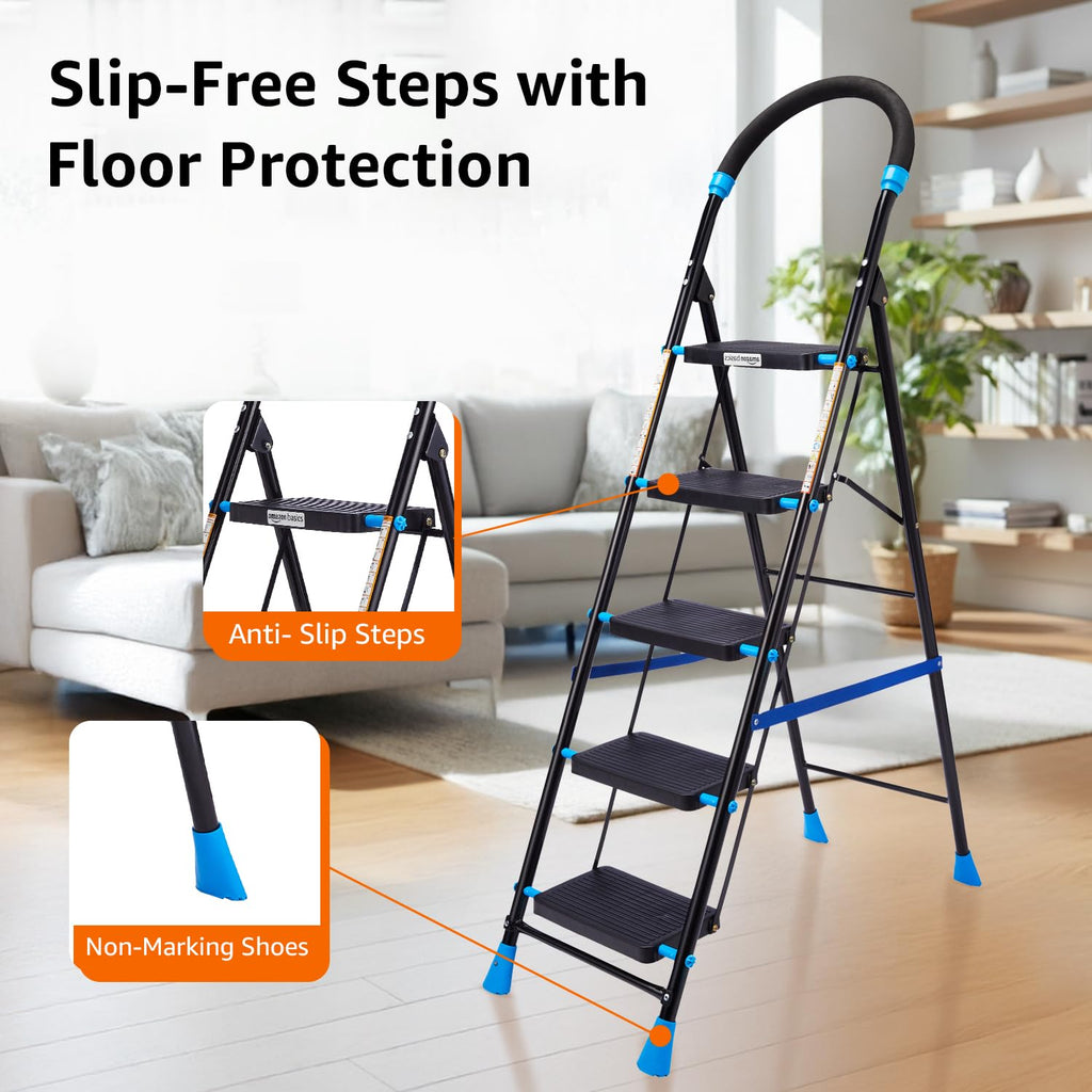 Planetarrium Basics Dynamo - Foldable Step Ladder, Anti Skid PVC Shoes, 3 Steps (Steel, Black & Lime Green)