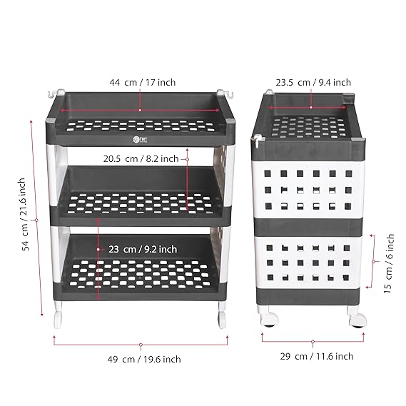 Planetarrium Hub Lexi Plastic 3 Tier Multi-Purpose Storage Organizer Kitchen Rack with Wheels | Fruits & Vegetable Stand/Basket for Kitchen (Grey)