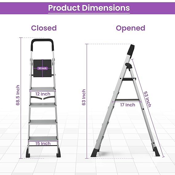 Planetarium Hub 5-Steps Ladder, Foldable with Slip-Resistant Wide Aluminum Steps, Heavy Duty with Anti-Skid Feet