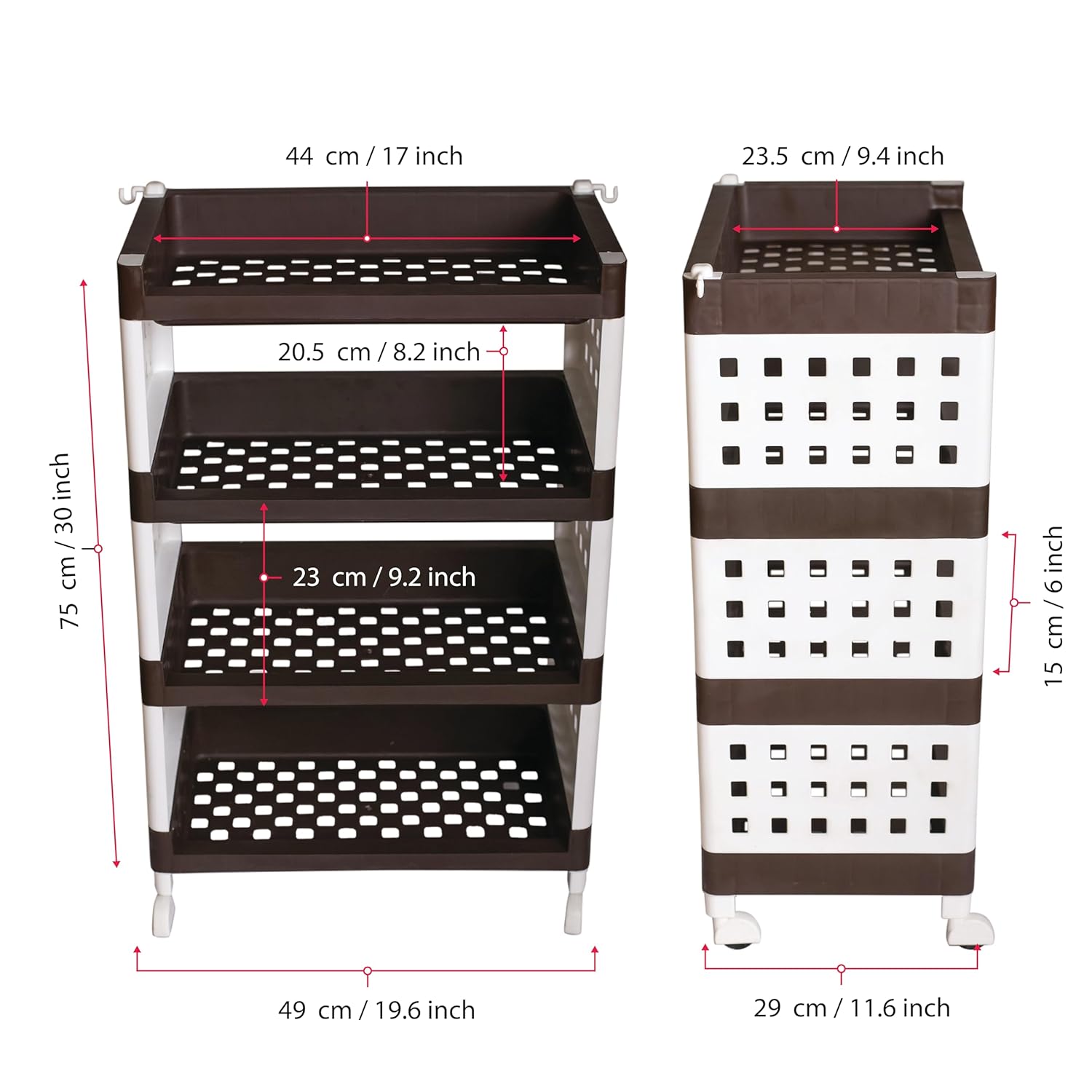 Planetarrium Hub Lexi Plastic 4 Tier Multi-Purpose Storage Organizer Kitchen Rack with Wheels | Fruits & Vegetable Stand/Basket for Kitchen (Brown)