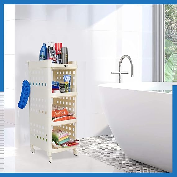 Planetarrium Hub Fizzy Plastic 4 Tier Multi-Purpose Storage Organizer Racks for Home, Kitchen, Bathroom with Wheels (Ivory, 4 Layer)