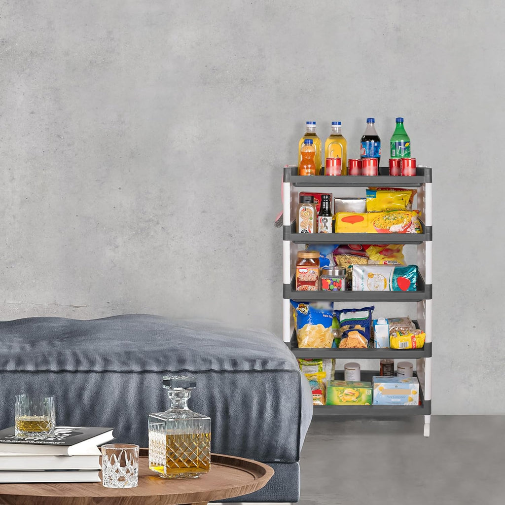 Planetarrium Hub Lexi Plastic 5 Tier Multi-Purpose Storage Organizer Kitchen Rack with Wheels | Fruits & Vegetable Stand/Basket for Kitchen (Grey)