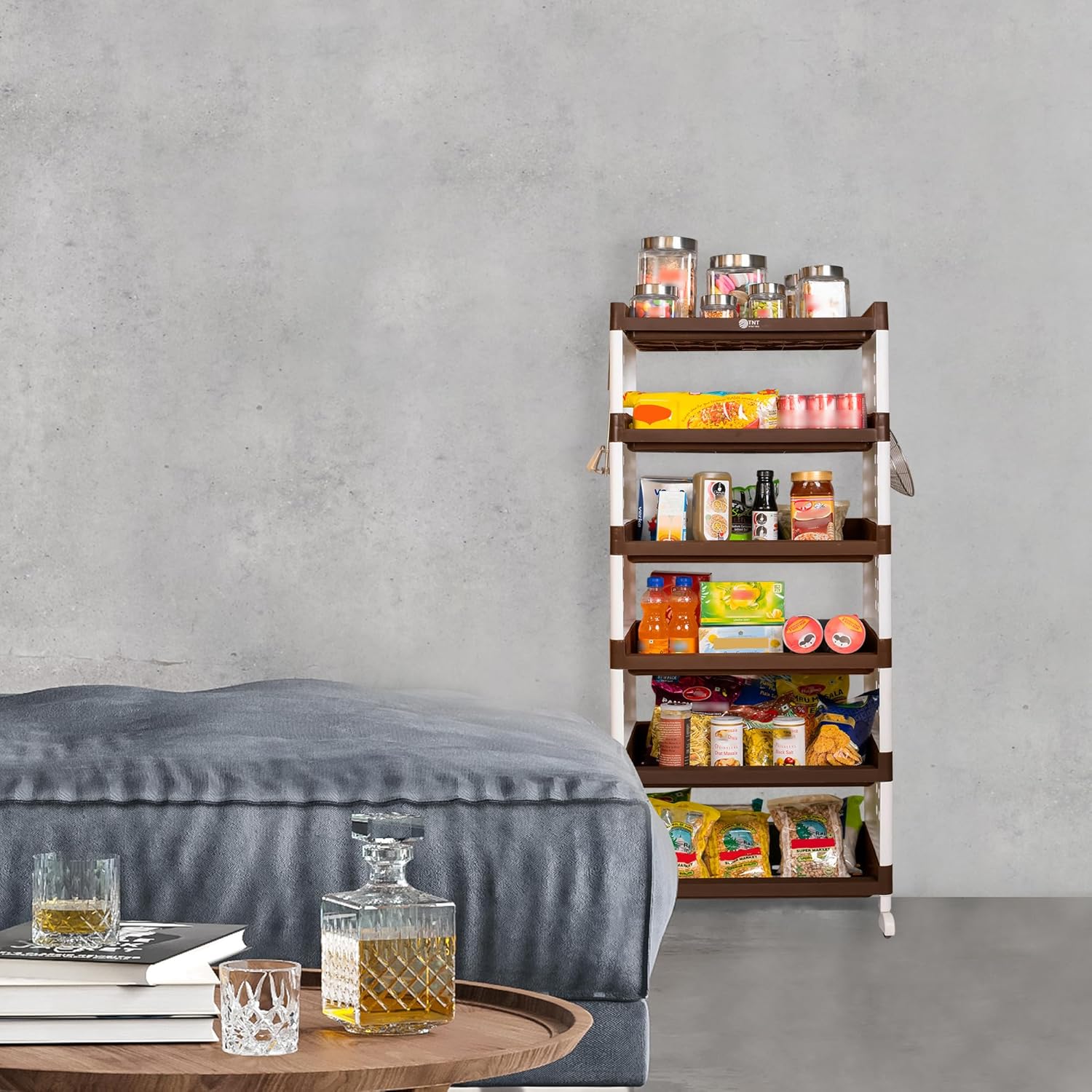 Planetarrium Hub Lexi Plastic 6 Tier Multi-Purpose Storage Organizer Kitchen Rack with Wheels | Fruits & Vegetable Stand/Basket for Kitchen (Brown)