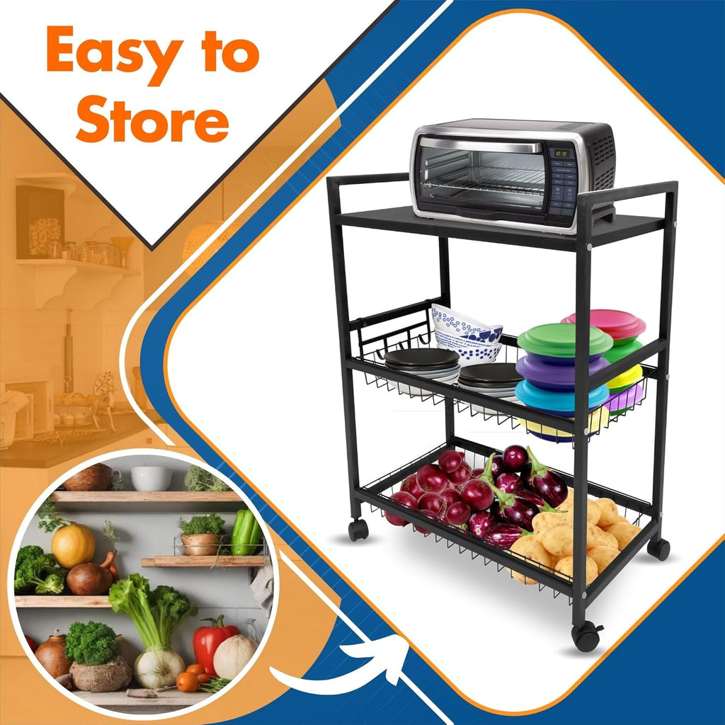 Planetarrium Hub Metal 3 Layer Kitchen Storage Rack with Shelves and Baskets | Microwave Oven, Vegetables Organizer Rack with Hooks and Wheels