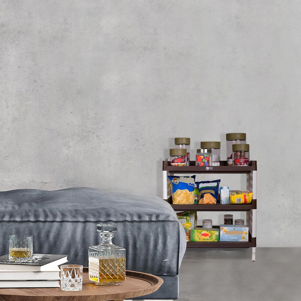 Planetarrium Hub Lexi Plastic 3 Tier Multi-Purpose Storage Organizer Kitchen Rack with Wheels | Fruits & Vegetable Stand/Basket for Kitchen (Brown)