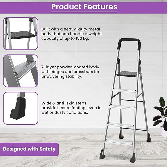 Planetarium Hub 5-Steps Ladder, Foldable with Slip-Resistant Wide Aluminum Steps, Heavy Duty with Anti-Skid Feet