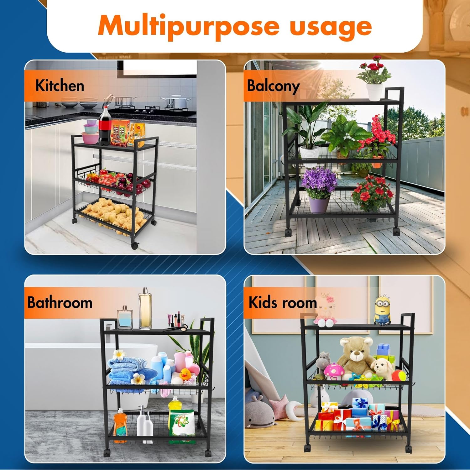 Planetarrium Hub Metal 3 Layer Kitchen Storage Rack with Shelves and Baskets | Microwave Oven, Vegetables Organizer Rack with Hooks and Wheels