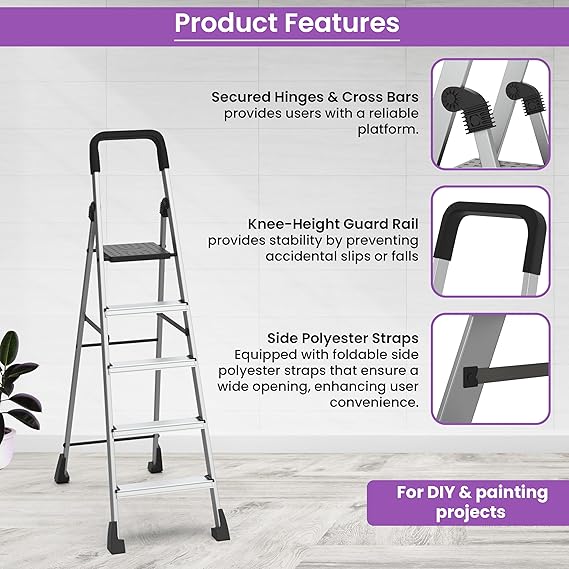 Planetarium Hub 5-Steps Ladder, Foldable with Slip-Resistant Wide Aluminum Steps, Heavy Duty with Anti-Skid Feet
