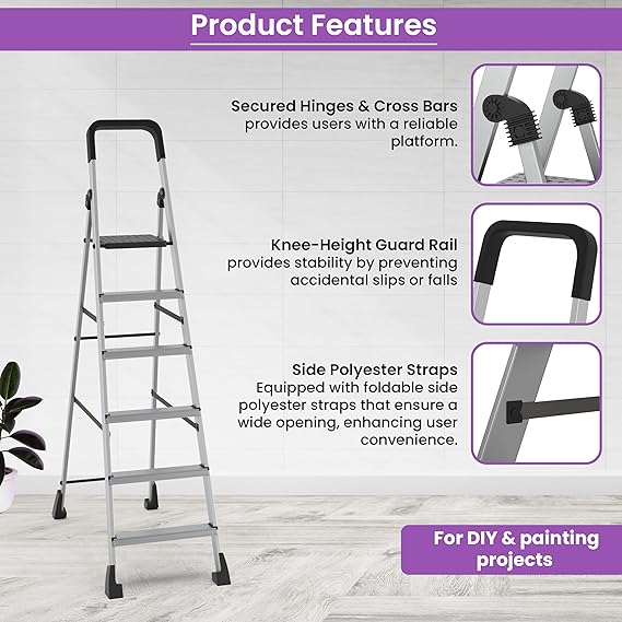 Planetarium Hub 6-Steps Ladder, Foldable with Slip-Resistant Wide Aluminum Steps, Heavy Duty with Anti-Skid Feet -leda