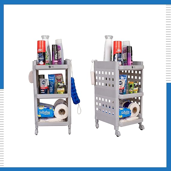 Planetarrium Hub Fizzy Plastic 3 Tier Multi-Purpose Storage Organizer Racks for Home, Kitchen, Bathroom with Wheels (Grey, 3 Layer)