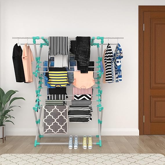 Dryster Mild Steel Pre-Assembled Foldable Premium Cloth Drying Stand with 4 Extractable Rods (Sea Green)