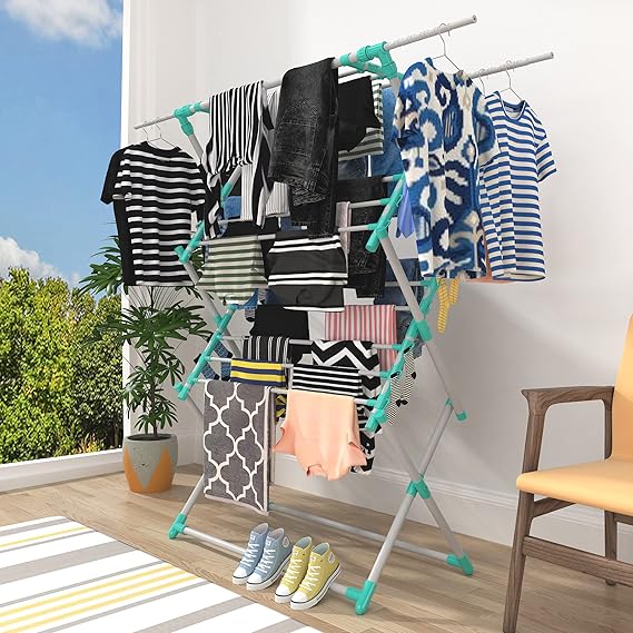 Dryster Mild Steel Pre-Assembled Foldable Premium Cloth Drying Stand with 4 Extractable Rods (Sea Green)